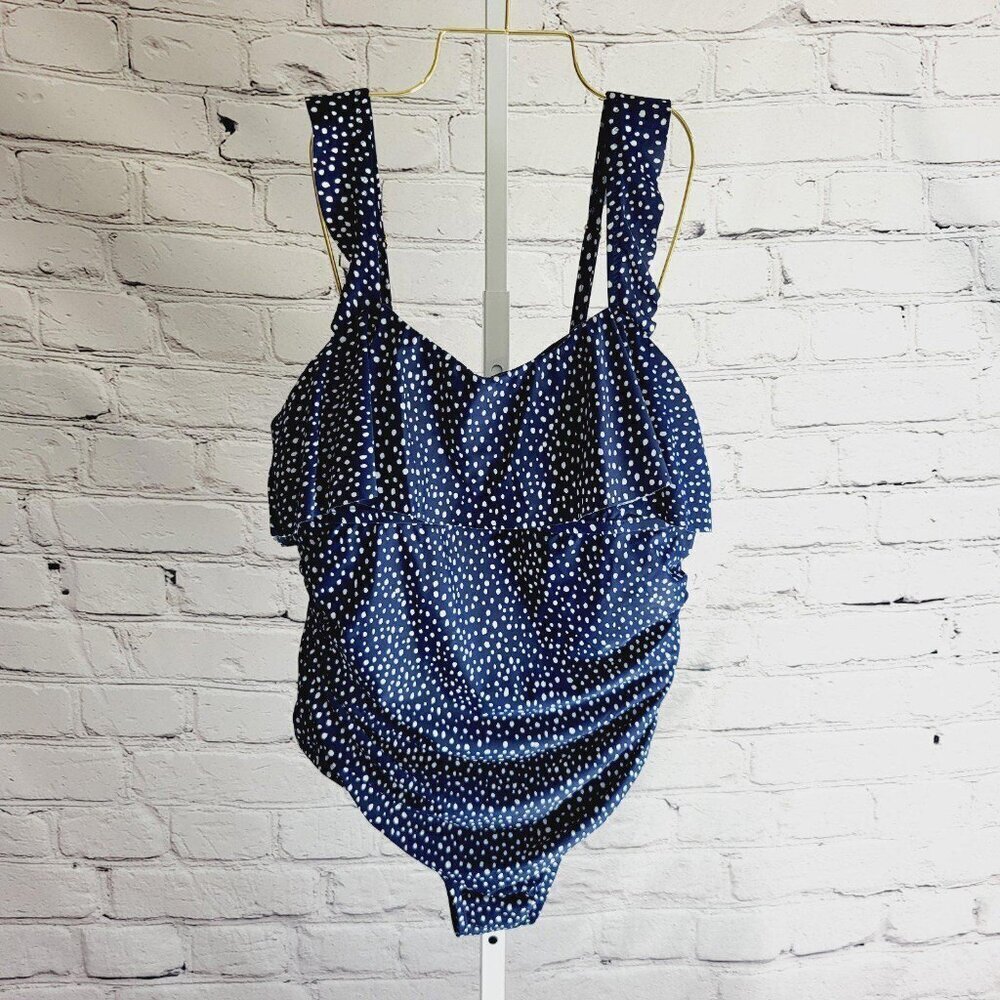 Kona Sol Women's Polka Dot Ruffle Shoulder One Piece Swimsuit BT7-R - Picture 2 of 6